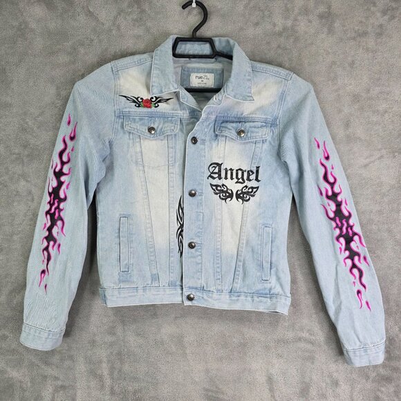 Womens Rue21 Light Wash Blue Denim Jacket W/ Pink Flames & Angel Graphic Size M - Picture 2 of 8